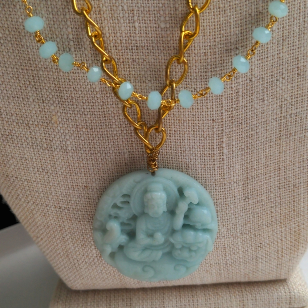 New Amazonite pendant necklace 26"+ 2" Carved Gemstone Handcrafted,  bead chain